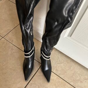 Black Over the Knee Boots with Stiletto Heel and Sporty Stripes